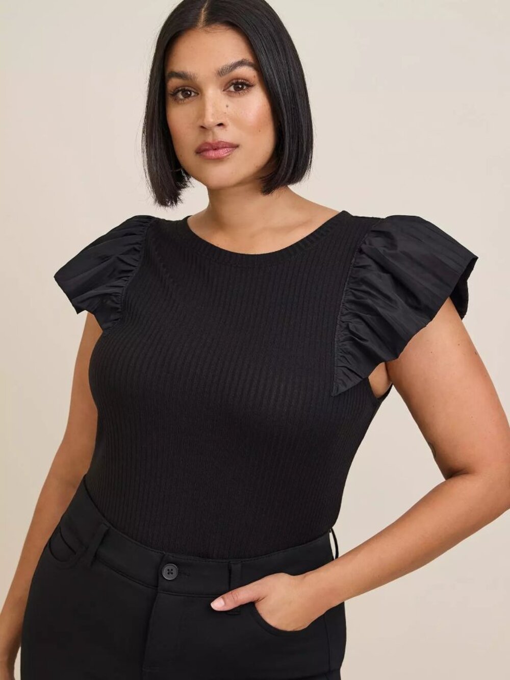 Super Soft Rib Fabric Mix Ruffle Top SIZE 1